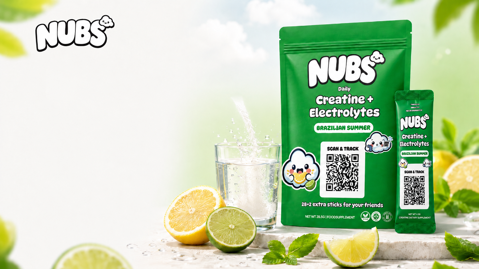 Nubs Brazilian Summer creatine and electrolytes pouch with lemon and lime