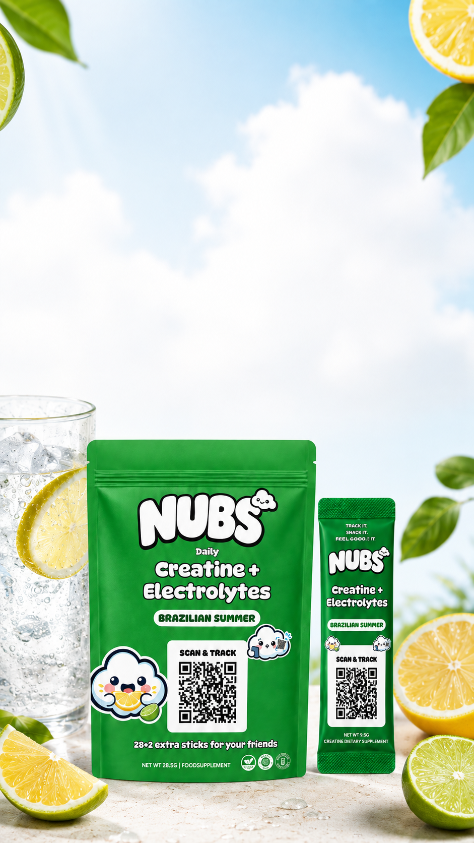 Nubs Brazilian Summer creatine and electrolytes pouch with lemon and lime
